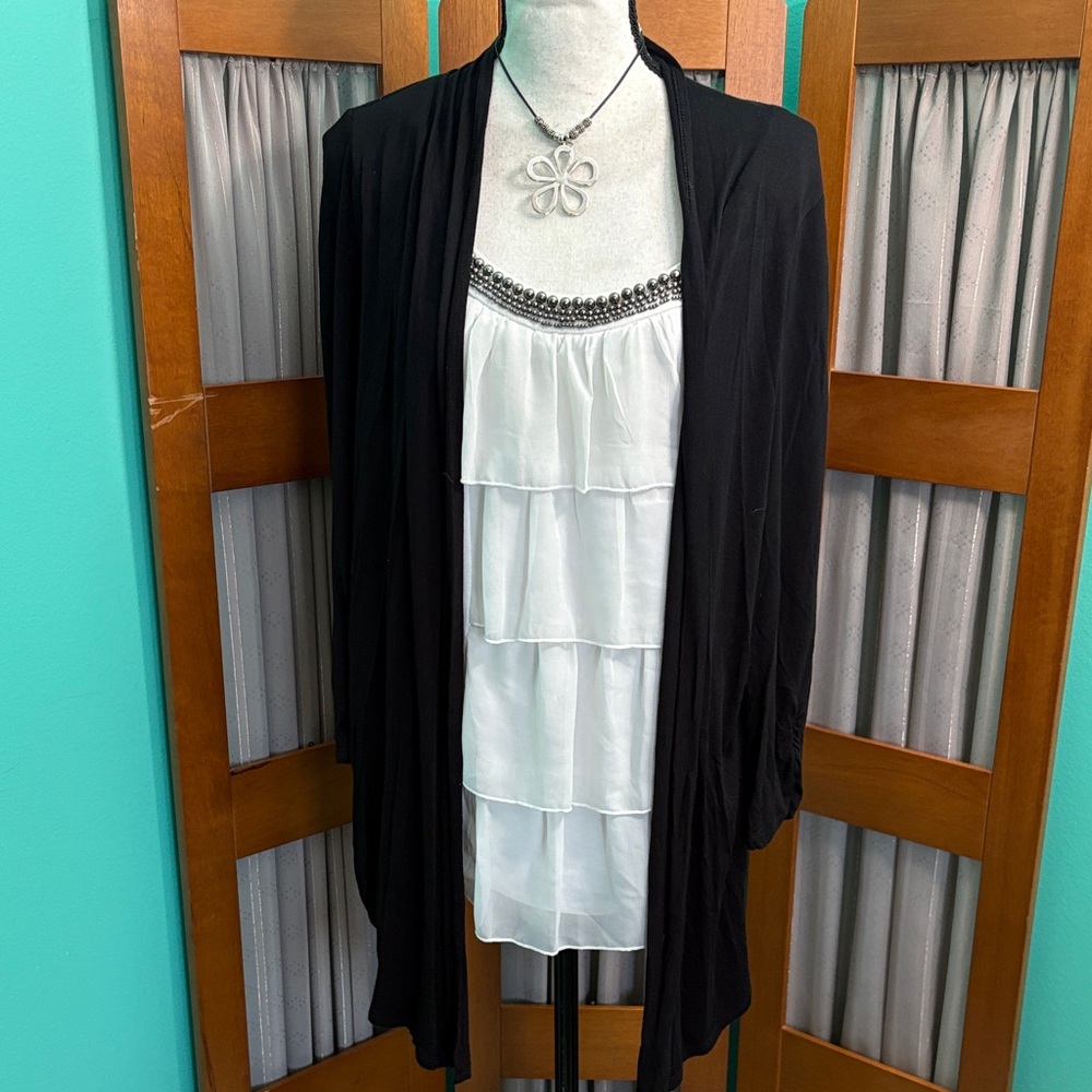 AB Studio Black Cardigan with attached White Layered Top